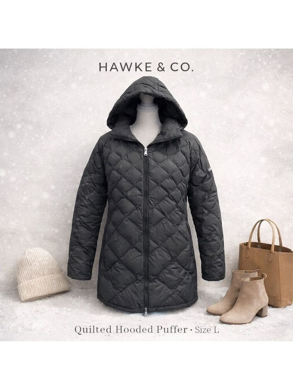 Hawke & Co Coat Hooded Quilted Puffer Coat Gray Size L Feather Print Lining